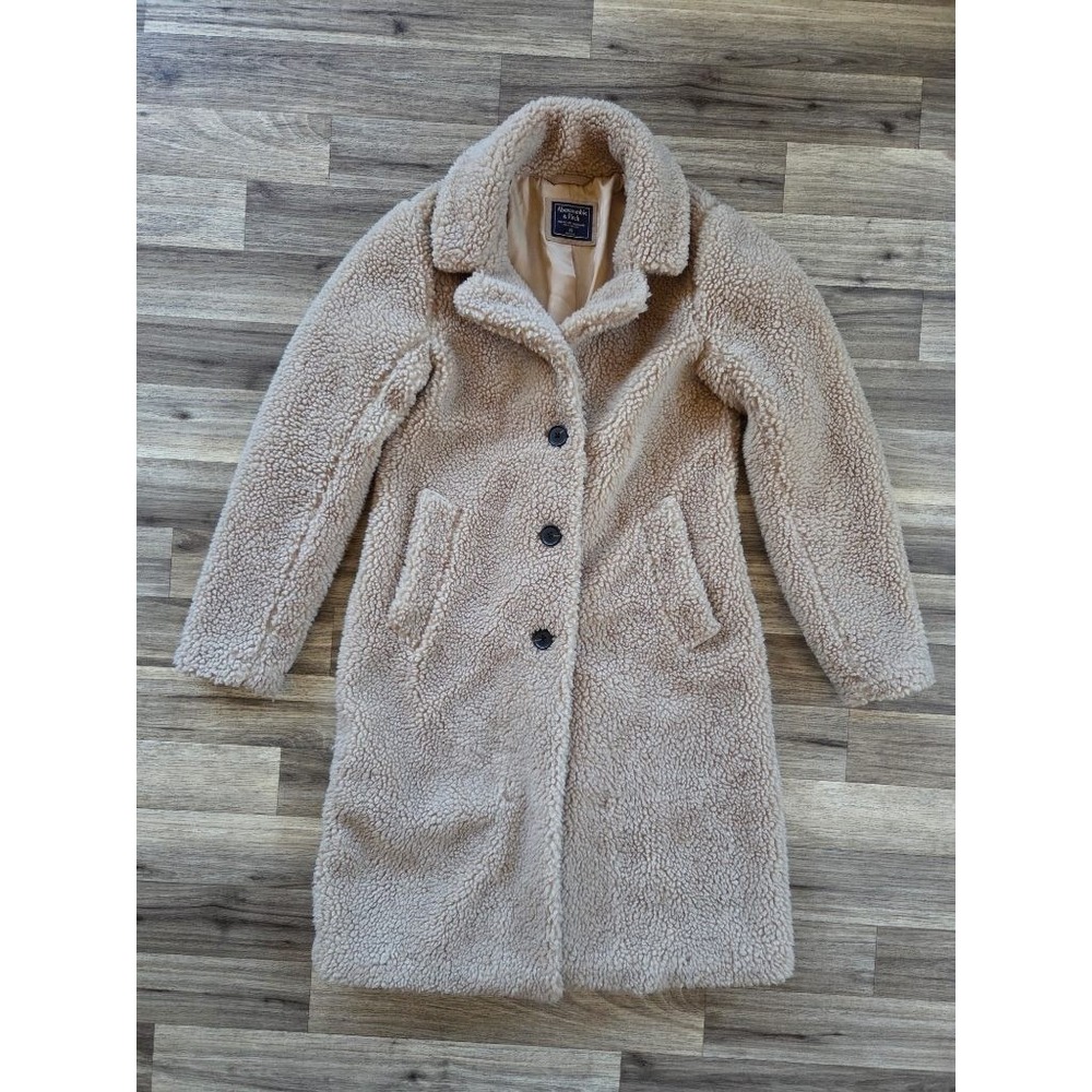 Abercrombie & Fitch Sherpa Teddy Coat XS Tan Cozy Preppy Longline Fall Capsule